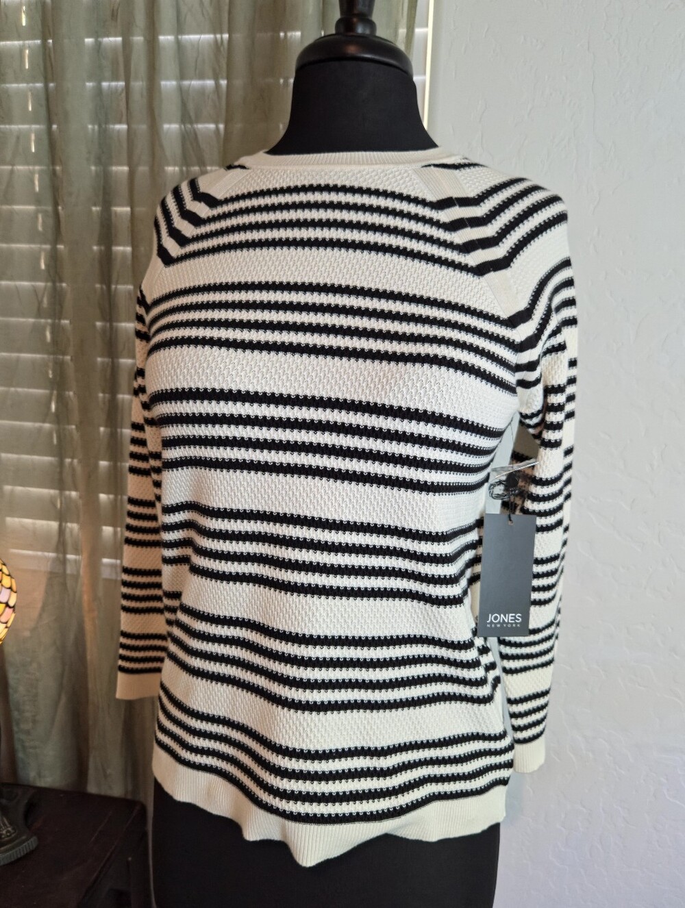 Jones New York Black & White Striped Knit Sweater #0374